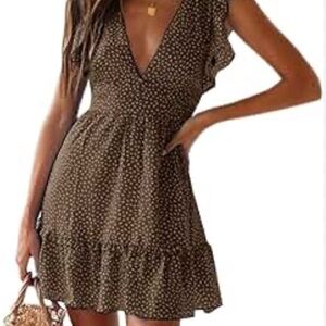 Brown and White Ruffled Wrap Sundress